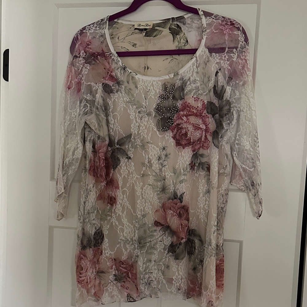 Brittany Black Lace Blouse with Pink and Gray Floral Design